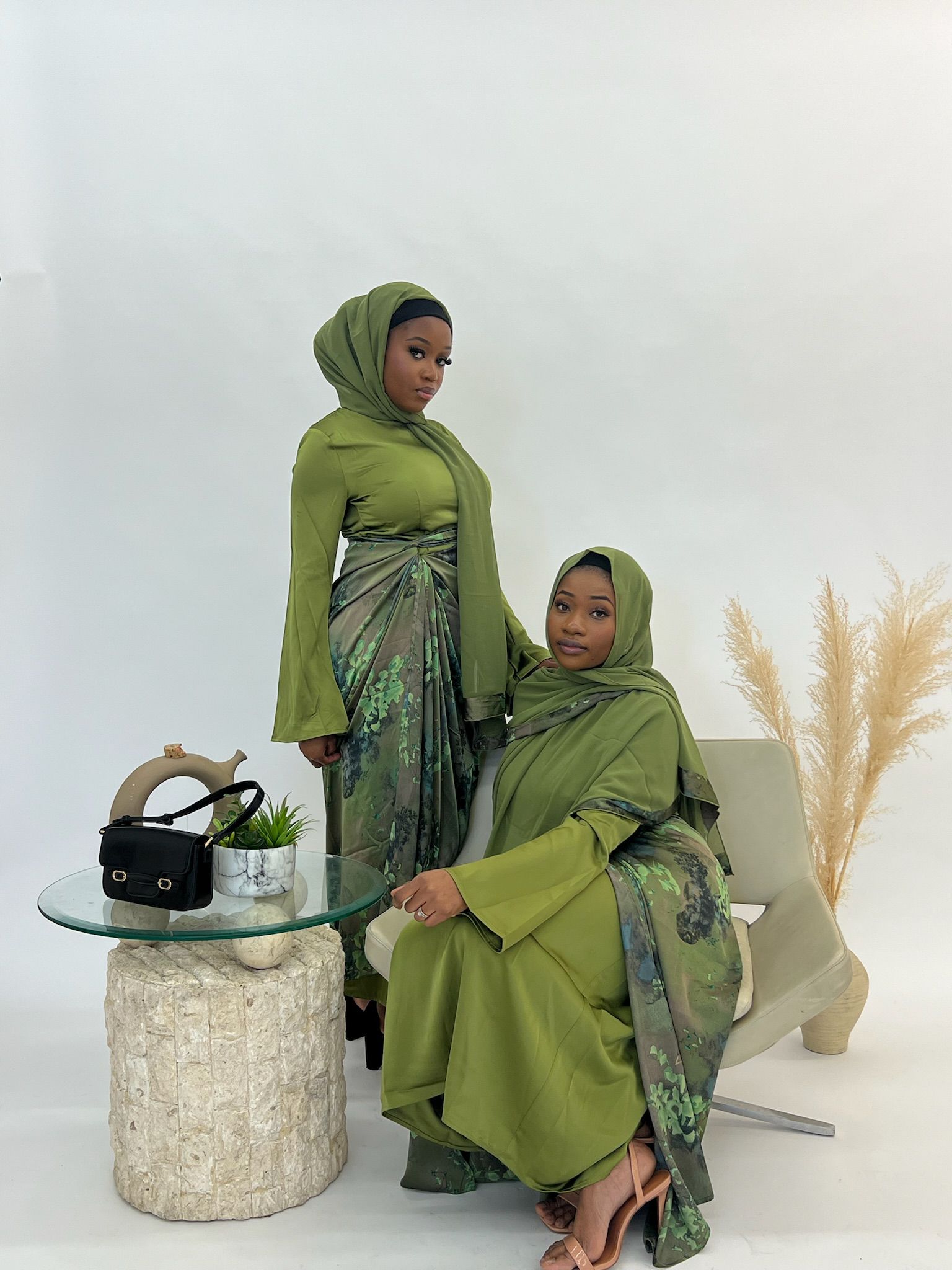 Wrap Satin Abaya In olive embrace